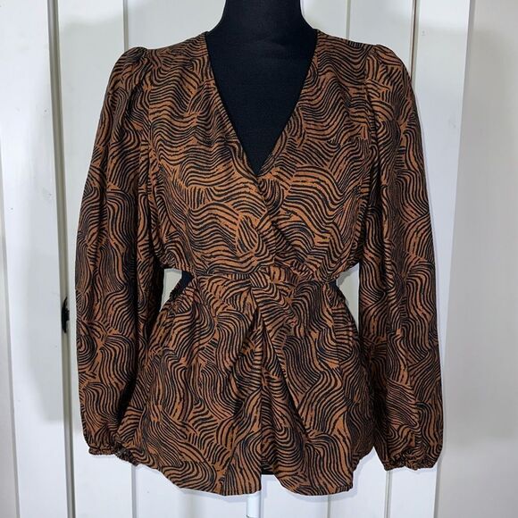 NWT Women's Puff Long Sleeve V Neck Twist-Front Top A New Day Brown Black - Picture 1 of 7